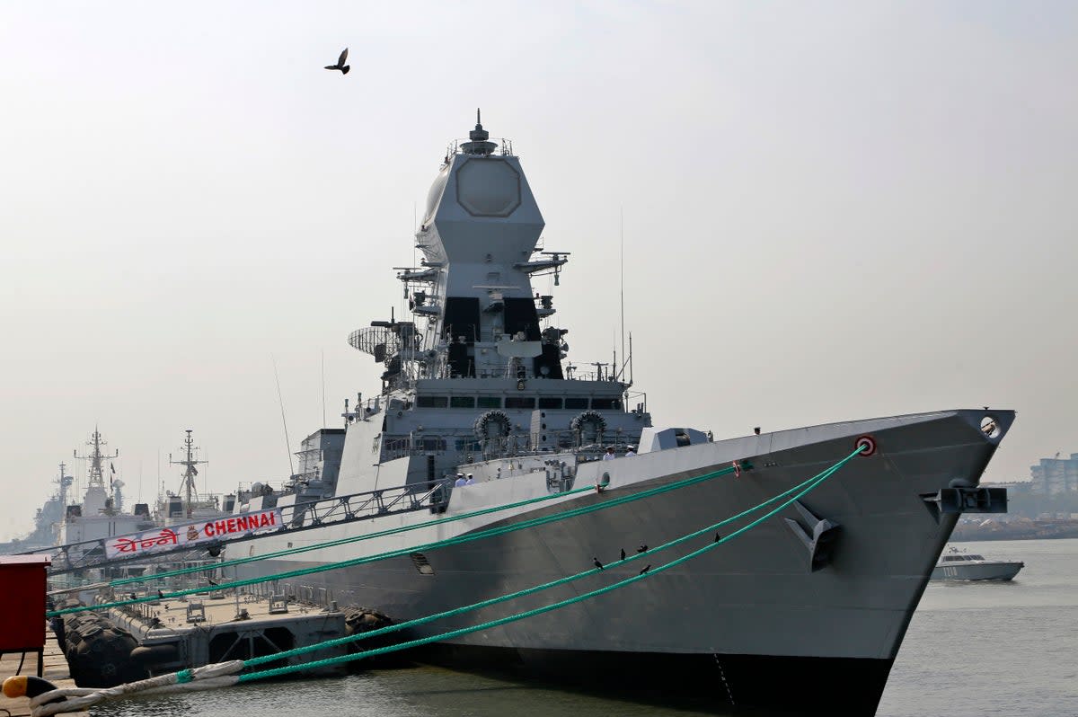 File. INS Chennai, a Kolkata class destroyer, is moored at a jetty in Mumbai, India, Friday, 18 November 2016. - The Indian navy said on Friday, 5 January 2023, that it has deployed the ship and a patrol aircraft in the Arabian Sea following a hijacking attempt onboard a Liberia-flagged bulk carrier (Associated Press)