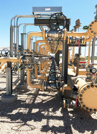 FILE PHOTO: Equipment used to process carbon dioxide, crude oil and water is seen at an Occidental Petroleum Corp enhanced oil recovery project in Hobbs, New Mexico, U.S. on May 3, 2017. Picture taken on May 3, 2017. REUTERS/Ernest Scheyder/File Photo