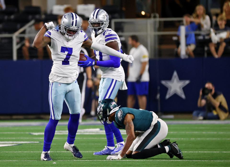 Dallas Cowboys cornerback Trevon Diggs (7) reacts after breaking up a pass intended for Philadelphia Eagles wide receiver DeVonta Smith (6) during the third quarter at AT&T Stadium.