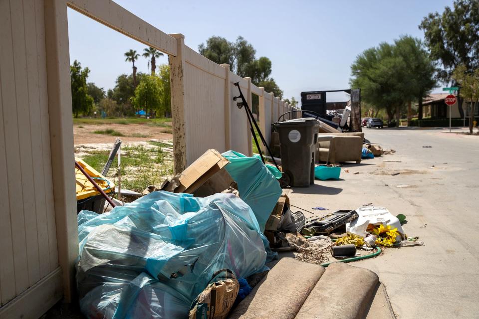 Evidence of damage from Tropical Storm Hilary is still visible in the Spanish Walk neighborhood in Palm Desert on Sept. 18, 2023.