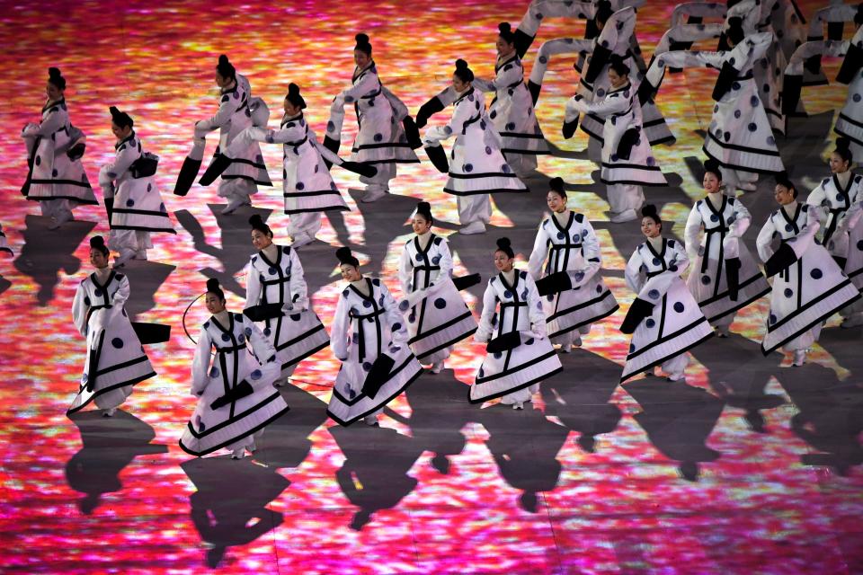 <p>Participants perform during the opening ceremony of the Pyeongchang 2018 Winter Olympic Games at the Pyeongchang Stadium on February 9, 2018. (Photo credit should read FRANCK FIFE/AFP/Getty Images) </p>