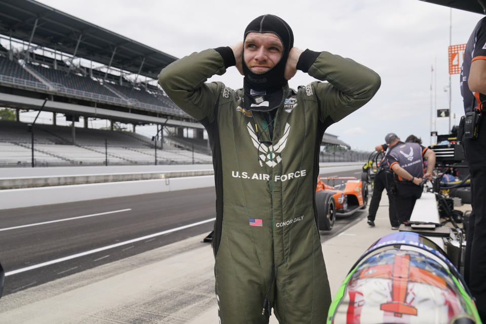 Conor Daly prepares to drive during a practice session for the Indianapolis 500 auto race at Indianapolis Motor Speedway, Thursday, Aug. 13, 2020, in Indianapolis. (AP Photo/Darron Cummings)