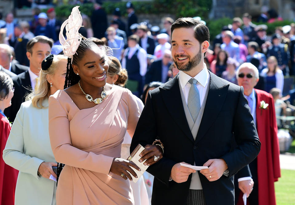 US tennis player Serena Williams and her husband Alexis Ohanian arrive for the wedding ceremony of Britain's Prince Harry, Duke of Sussex and US actress Meghan Markle at St George's Chapel, Windsor Castle, in Windsor, on May 19, 2018. (Photo by Ian West / POOL / AFP)        (Photo credit should read IAN WEST/AFP/Getty Images)