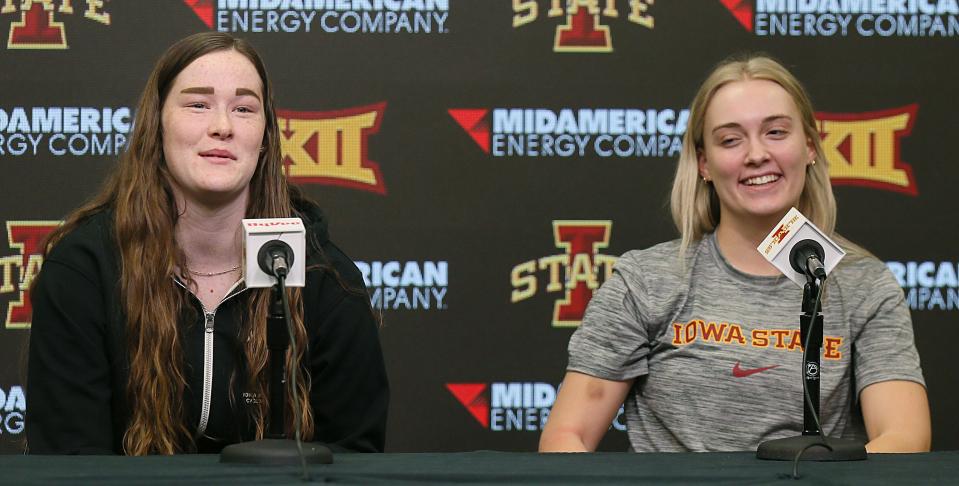 Iowa State Cyclones forward Addy Brown (left) and guard Hannah Belanger talk to media after the NCAA women's basketball selection show on Sunday.