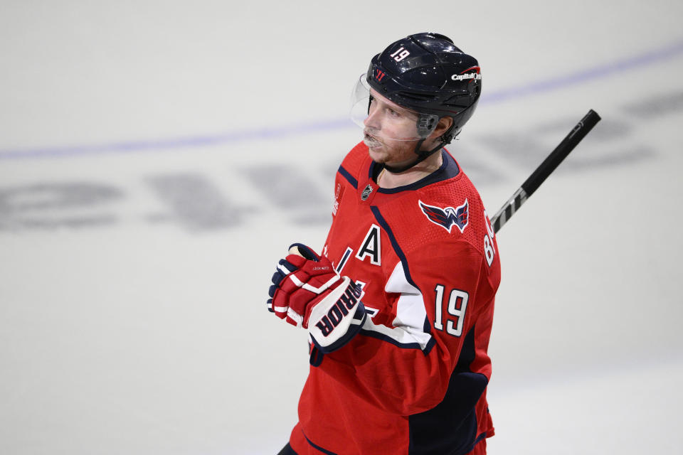 Washington Capitals center Nicklas Backstrom celebrates his goal during the shootout in the team's NHL hockey game against the Pittsburgh Penguins, Thursday, Jan. 26, 2023, in Washington. The Capitals won 3-2. (AP Photo/Nick Wass)