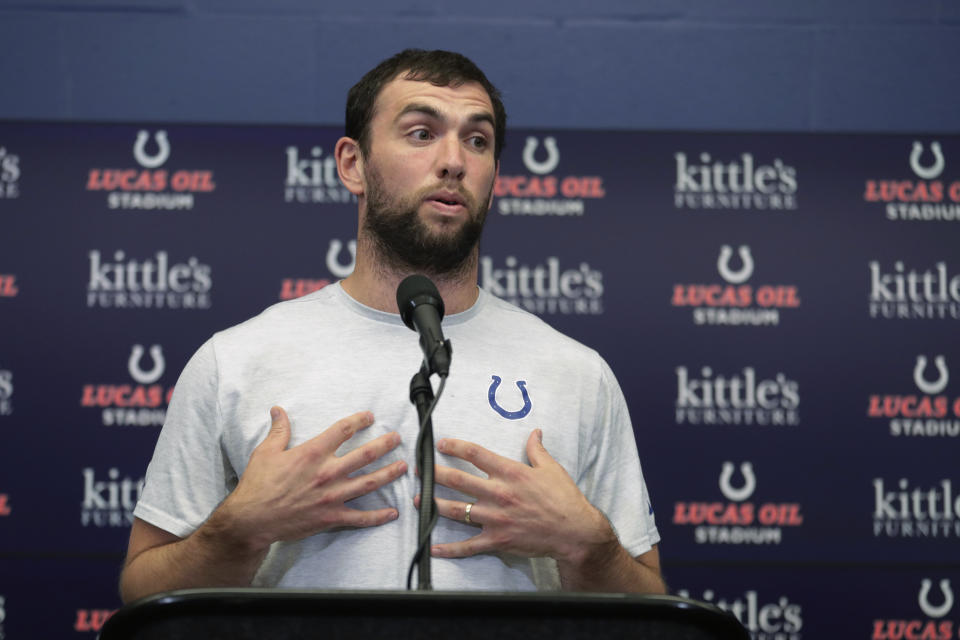 Indianapolis Colts quarterback Andrew Luck speaks during a news conference following the team's NFL preseason football game against the Chicago Bears, Saturday, Aug. 24, 2019, in Indianapolis. The oft-injured star is retiring at age 29. (AP Photo/Michael Conroy)