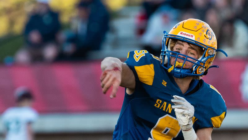 San Juan High School’s Parker Snyder throws the ball during the 2A football state championship game against South Summit at Southern Utah University in Cedar City on Saturday, Nov. 11, 2023.