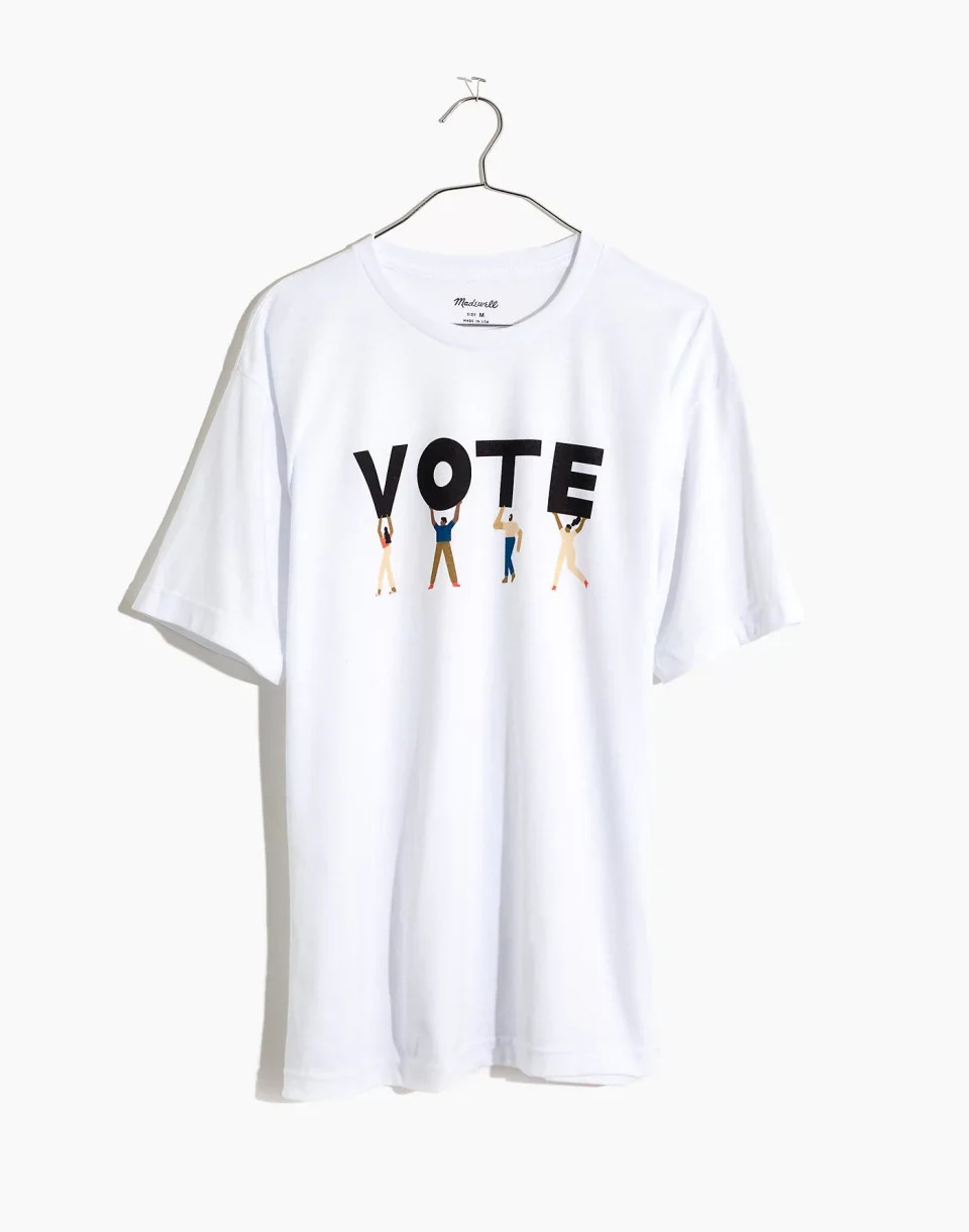 Get the <a href="https://www.madewell.com/vote-graphic-unisex-tee-99106101096.html?source=googlePLA&amp;noPopUp=true&amp;srcCode=Paid_Search|Shopping_NonBrand|Google|MWGGBS00002_99106101096_1508320780_53557874290_488433664771_c_pla_online__9004351&amp;gclsrc=aw.ds&amp;&amp;gclid=EAIaIQobChMInd2npuup6wIVNPC1Ch3wAAzPEAQYASABEgIc7fD_BwE&amp;gclsrc=aw.ds" target="_blank" rel="noopener noreferrer">Madewell vote graphic unisex tee﻿</a> for $39.50.