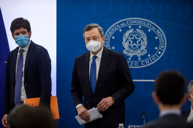 ROME, ITALY - MARCH 26: Italian Prime Minister Mario Draghi and Italian Minister of Health Roberto Speranza hold a press conference at the Palazzo Chigi, the day after the European Council, on March 26, 2021 in Rome, Italy. (Photo by Antonio Masiello/Getty Images) (Photo: Antonio Masiello via Getty Images)