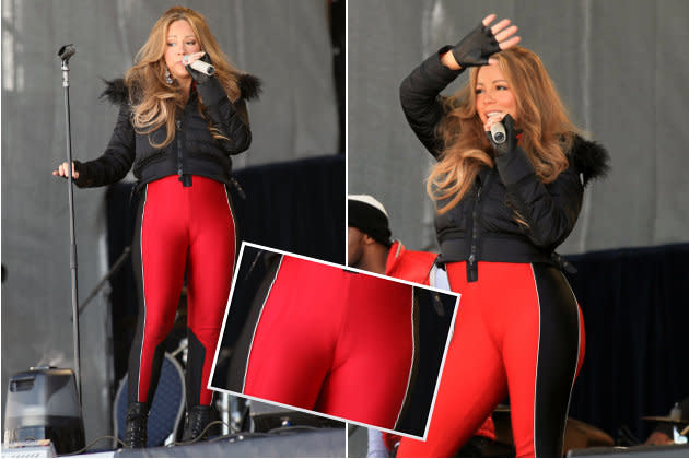 Ob man rote Gymnastikhosen mag, ist die eine Sache. Wenn so ein Teil aber dann auch noch anatomische Merkmale auf äußerst einschneidende Weise zum Vorschein bringt, gibt es nicht mehr viel zu diskutieren, Mariah Carey. (Bilder: Getty Images)