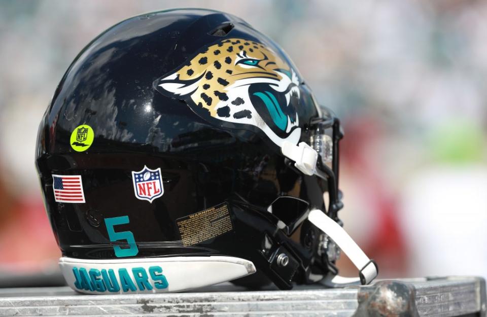 The football helmet of Blake Bortles #5 of the Jacksonville Jaguars is seen in the team area during their game against the New York Jets at TIAA Bank Field on September 30, 2018 in Jacksonville, Florida. (Photo by Scott Halleran/Getty Images)