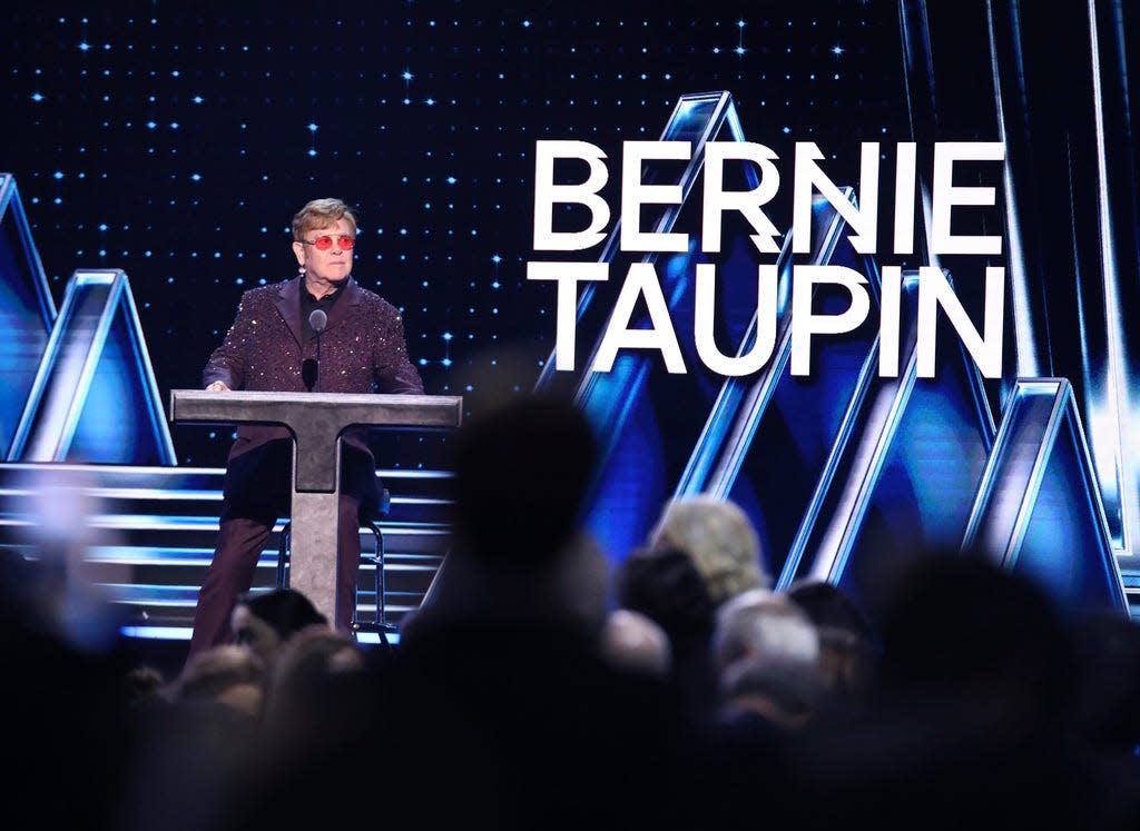 Elton John speaks during the Rock & Roll Hall of Fame Induction Ceremony on Nov. 3, 2023 at Barclays Center in New York.