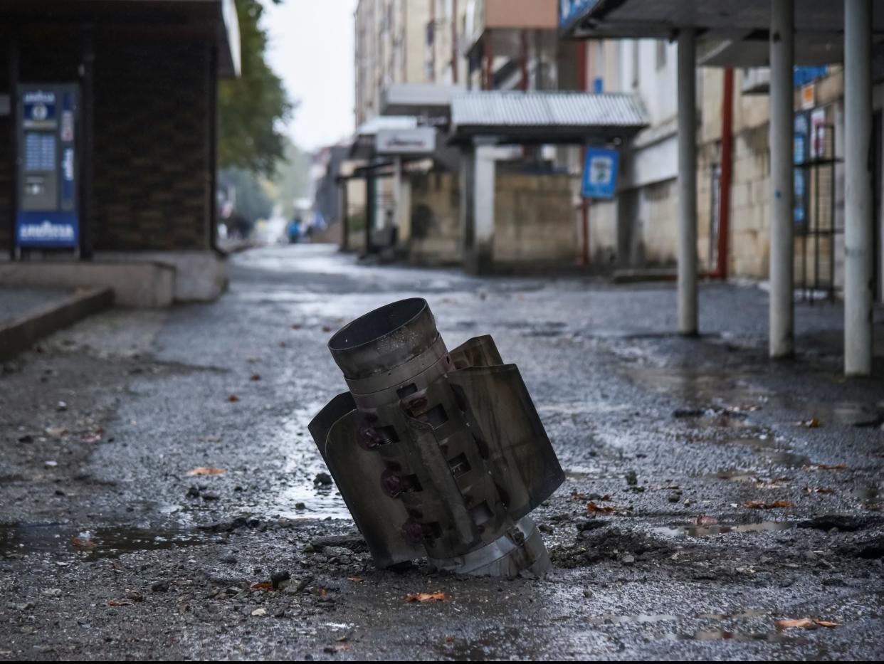 A rocket case in Stepanakert, the capital of the Armenian separatist territory of Nagorno-Karabakh (via REUTERS)