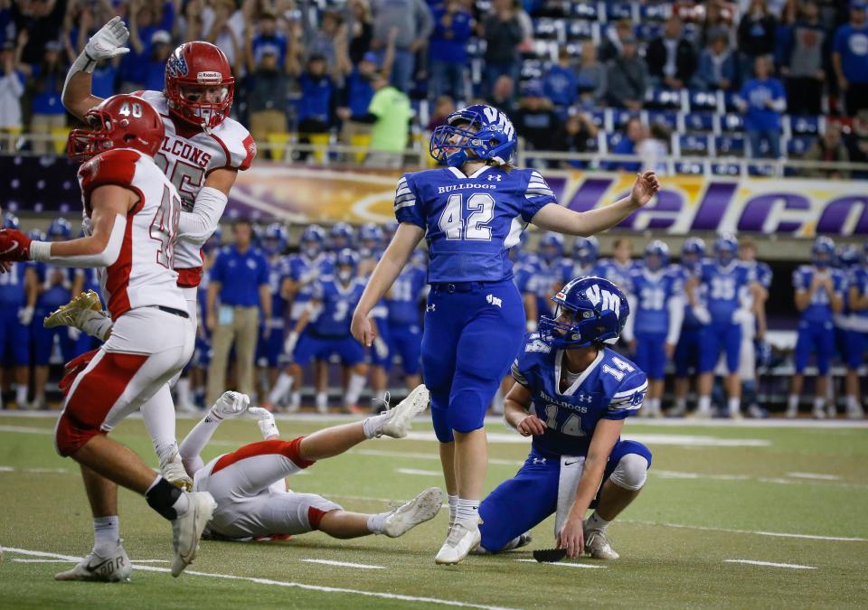 Van Meter sophomore kicker Katie Lindsay watches her field goal sail through the uprights in the fourth quarter against West Sioux, Hawarden during the Iowa High School Class 1A state championship football game at the UNI-Dome in Cedar Falls. Van Meter won the game, 17-14.