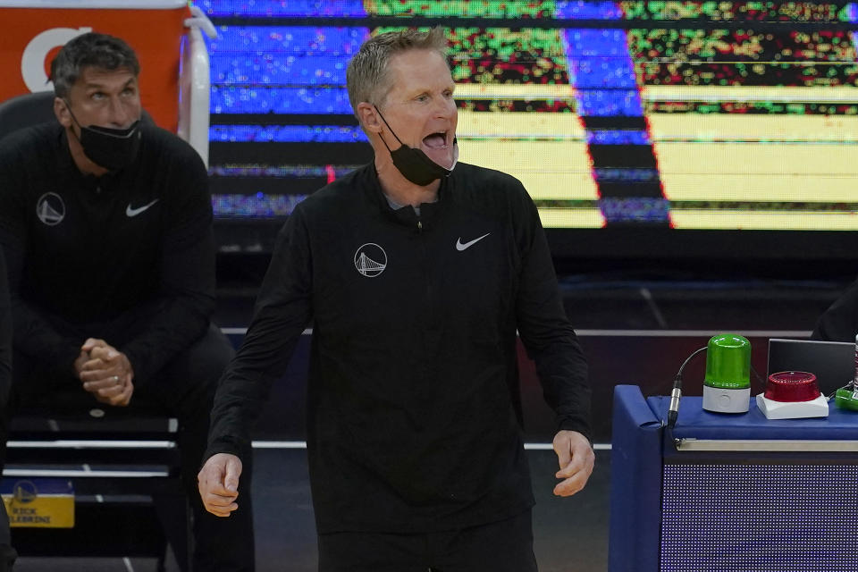 Golden State Warriors head coach Steve Kerr reacts during the first half of an NBA basketball game against the Utah Jazz in San Francisco, Monday, May 10, 2021. (AP Photo/Jeff Chiu)