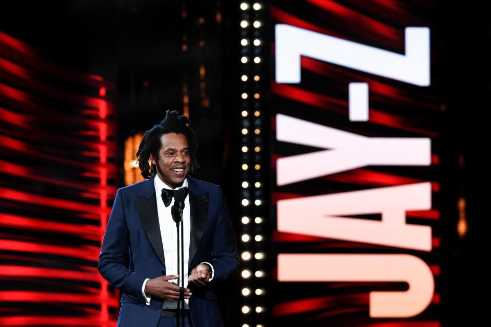 Jay-Z reacts as he is inducted into the Rock and Roll Hall of Fame in Cleveland, Ohio, U.S. October 30, 2021. Picture taken October 30, 2021. REUTERS/Gaelen Morse