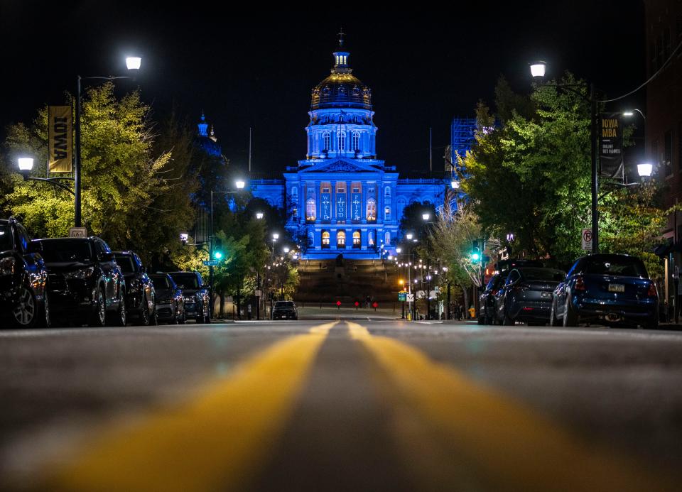 The Iowa State Capitol is seen lit up blue for "Blue Ribbon Week" in support of Israel on Thursday, Oct. 19, 2023.