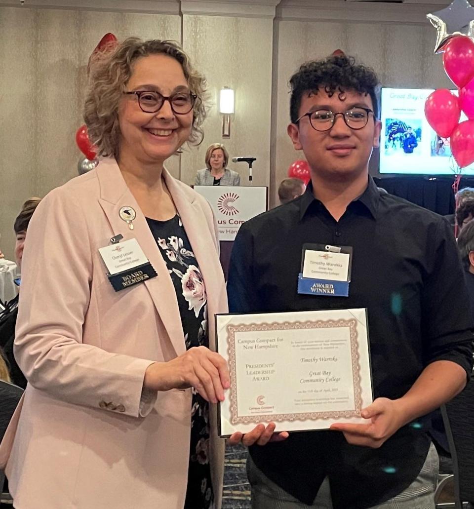 The Presidents’ Leadership Award went to Great Bay Community College business student Timothy Warroka, seen with Cheryl Lesser, the school president.