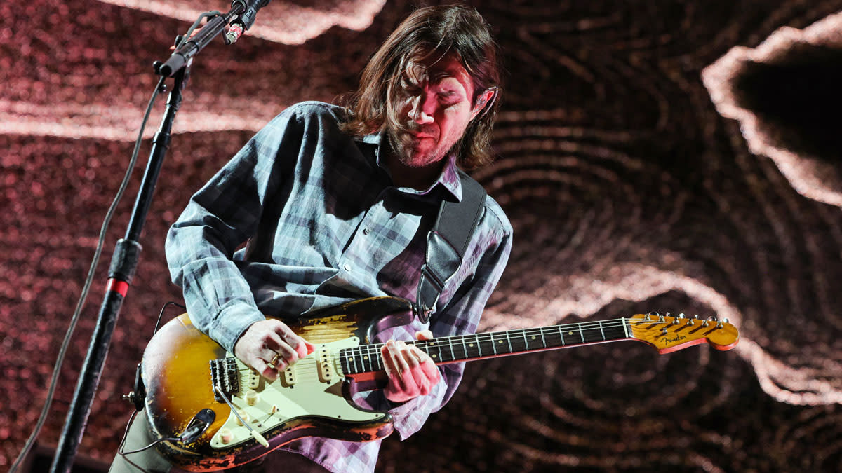  Guitarist John Frusciante of Red Hot Chili Peppers performs at Allegiant Stadium on April 01, 2023 in Las Vegas, Nevada. 