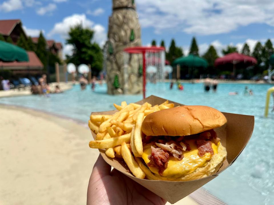 Burger and fries with a water park in the background.