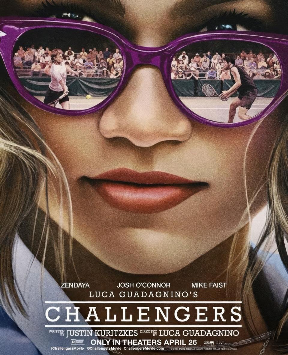 Movie poster for "Challengers" featuring Zendaya in sunglasses with reflection of tennis audience. In theaters April 26