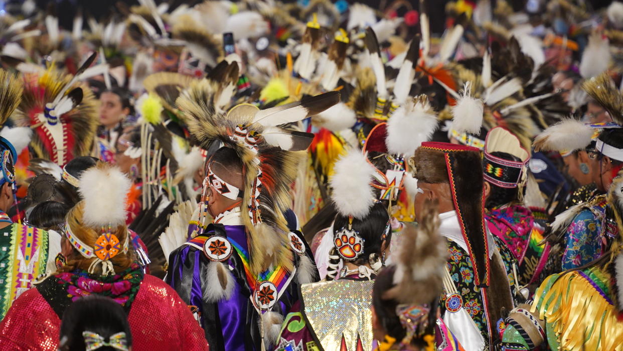 Grand Entry at the 40th Annual Gathering of Nations Powwow at the Tingley Coliseum in Albuquerque, New Mexico on Saturday, April 29, 2023. (Photo by Darren Thompson).