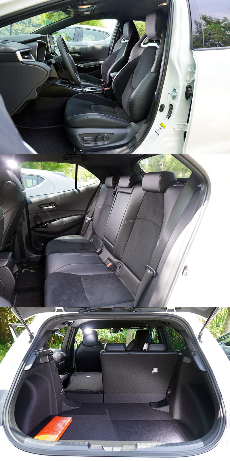 Corolla Sport在空間表現上受到尺碼略小與軸距較短的先天限制，整體遜於另兩款車。不過前座則新增了駕駛座電動8向調整附電動腰靠，同時維持唯一的雙前座電動加熱功能。