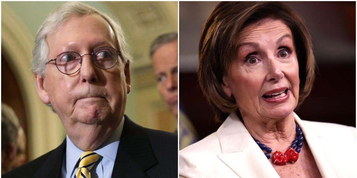 A side-by-side of headshots of Mitch McConnell and Nancy Pelosi
