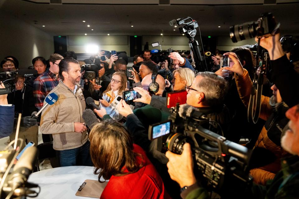 Donald Trump Jr. speaks to media ahead of the Iowa Caucus Monday, Jan. 15, 2024, at Franklin Jr. High in Des Moines.