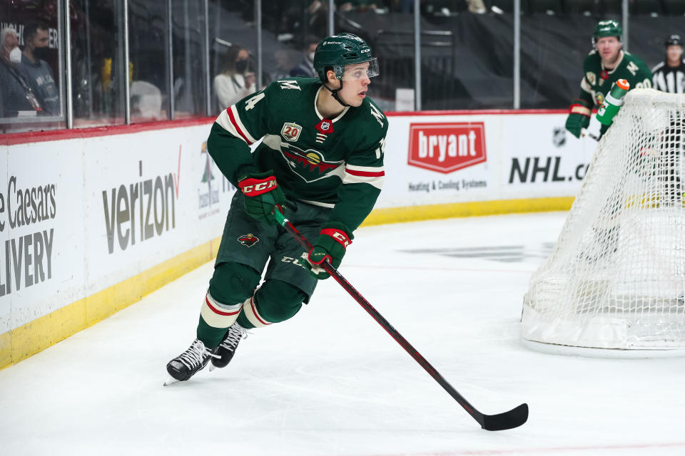 ST. PAUL, MN - MAY 22: Joel Eriksson Ek #14 of the Minnesota Wild skates with the puck against the Vegas Golden Knights in the first period in Game Four of the First Round of the 2021 Stanley Cup Playoffs at Xcel Energy Center on May 22, 2021 in St Paul, Minnesota. The Golden Knights defeated the Wild 4-0. (Photo by David Berding/Getty Images)