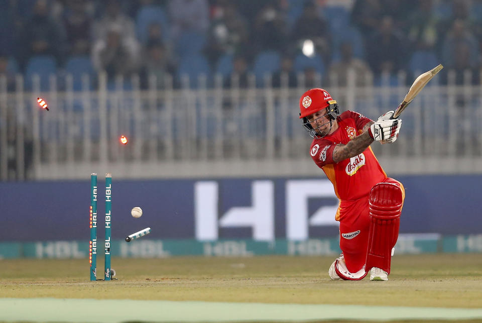 Islamabad United batsman Luke Ronchi is bowled by Quetta Gladiators pacer Naseem Shah during a Pakistan Super League T20 cricket match at Rawalpindi Stadium, in Rawalpindi, Pakistan, Thursday, Feb. 27, 2020. (AP Photo/Anjum Naveed)