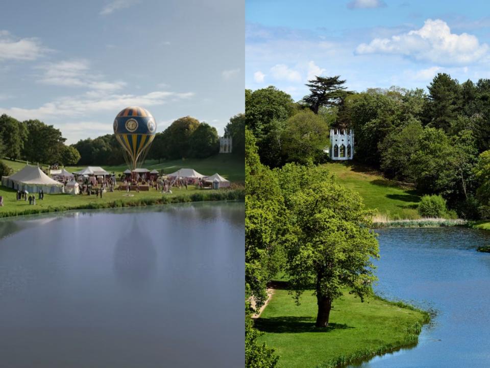 A wide shot of Painshill Park with tents and actors in "Bridgerton" (left) and the same area of the park without any of the cast or set (right).