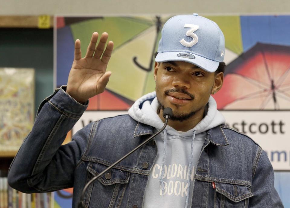 Chance The Rapper announces a gift of $1 million to the Chicago Public School Foundation during a news conference at the Westcott Elementary School, Monday, March 6, 2017, in Chicago. The Grammy-winning artist is calling on Illinois Gov. Bruce Rauner to use executive powers to better fund Chicago Public Schools. (AP Photo/Charles Rex Arbogast)