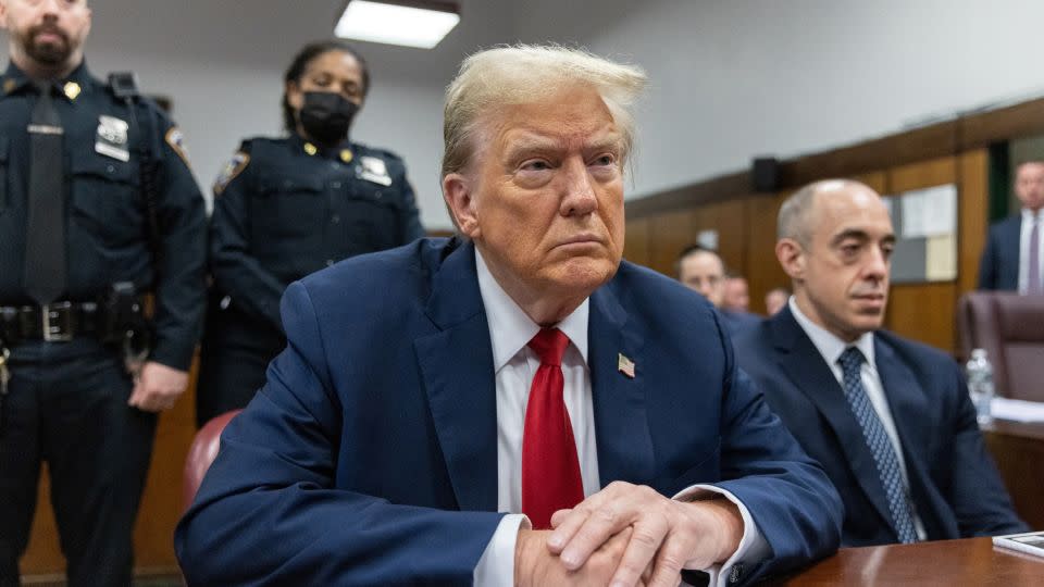 Former US President Donald Trump in Manhattan Criminal Court in New York on May 16. - Jeenah Moon/Pool/Reuters