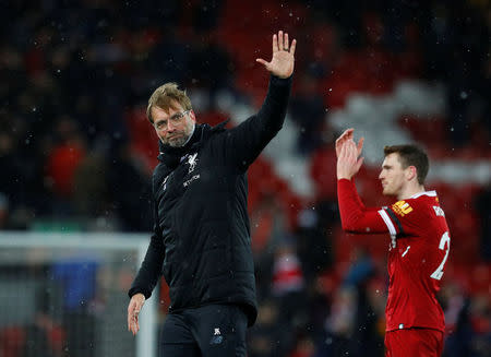 Soccer Football - Premier League - Liverpool vs Watford - Anfield, Liverpool, Britain - March 17, 2018 Liverpool manager Juergen Klopp celebrates after the match REUTERS/Phil Noble