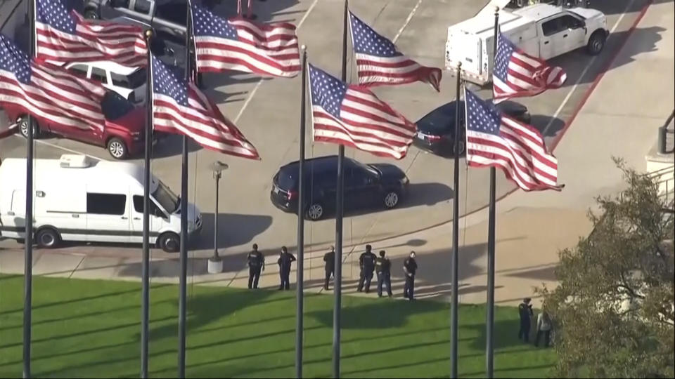 In this screen grab taken from video provided by KTRK-TV ABC13, authorities respond to a shooting at Lakewood Church, the Houston megachurch of celebrity pastor Joel Osteen, Sunday, Feb. 11, 2024. (KTRK-TV ABC13 via AP)