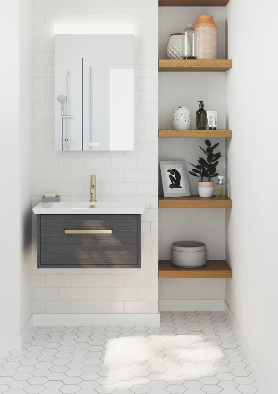 bathroom shelf ideas showing built in shelving beside a sink in a white tiled bathroom