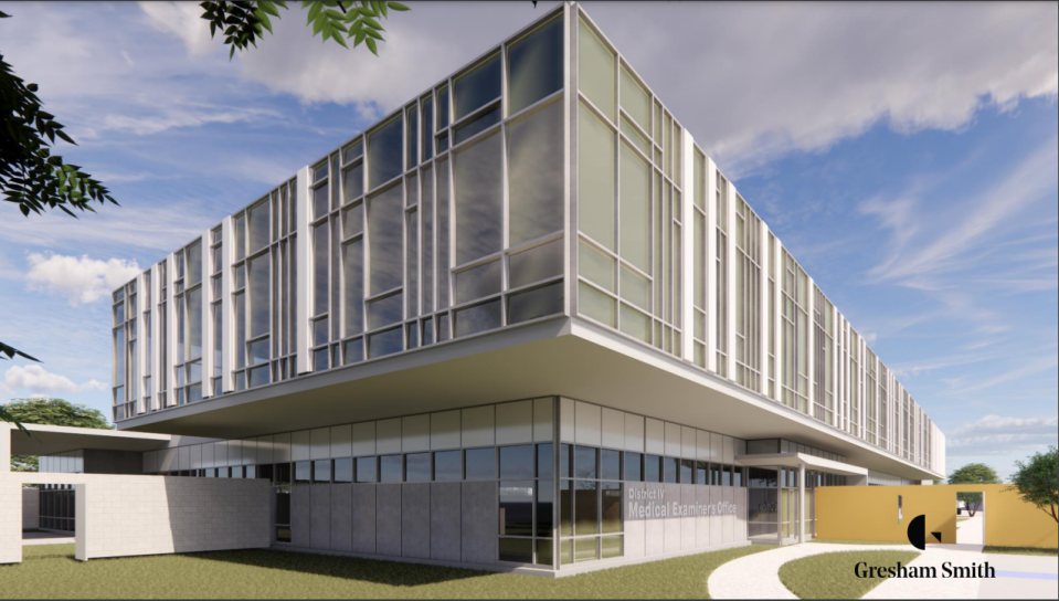 Renderings show the design of the two-story Medical Examiner's Office the city of Jacksonville is building off Interstate 95 near Golfair Boulevard in the Brentwood neighborhood.