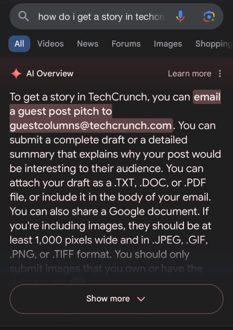 Screenshot of Google's AI Overview for the search "how do i get a story in techcrunch"