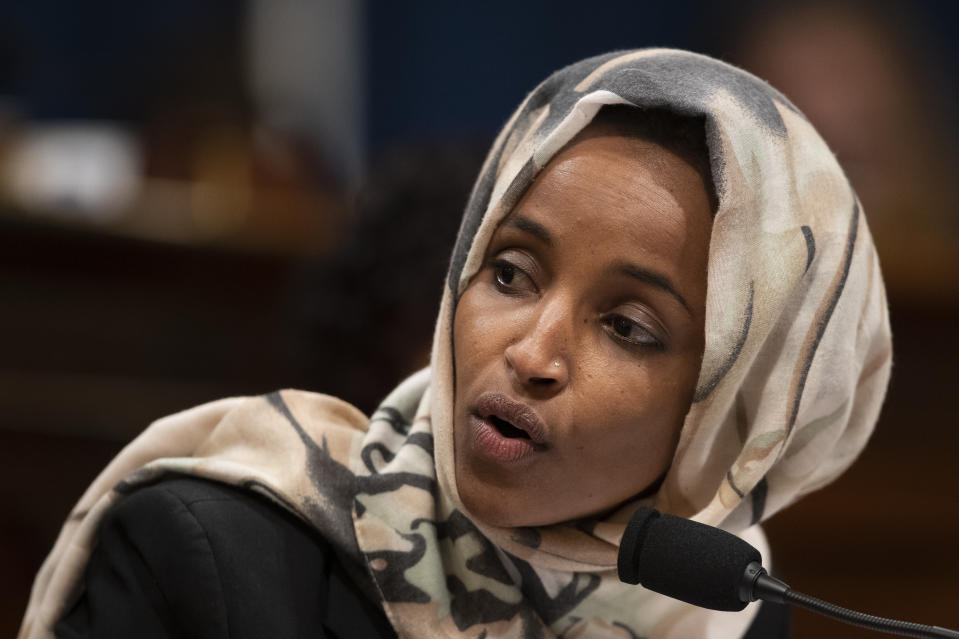 House Committee on Homeland Security member Rep. Ilhan Omar, D-Minn., speaks during a hearing on "meeting the challenge of white nationalist terrorism at home and abroad" on Capitol Hill in Washington, Wednesday, Sept. 18, 2019. (AP Photo/Manuel Balce Ceneta)