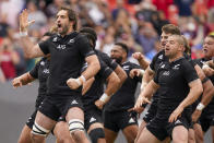 New Zealand's captain Sam Whitelock, left, leads the haka ahead of the rugby international between the All Blacks and the USA Eagles at FedEx Field in Landover, Md., Saturday, Oct. 23, 2021. (AP Photo/Alex Brandon)