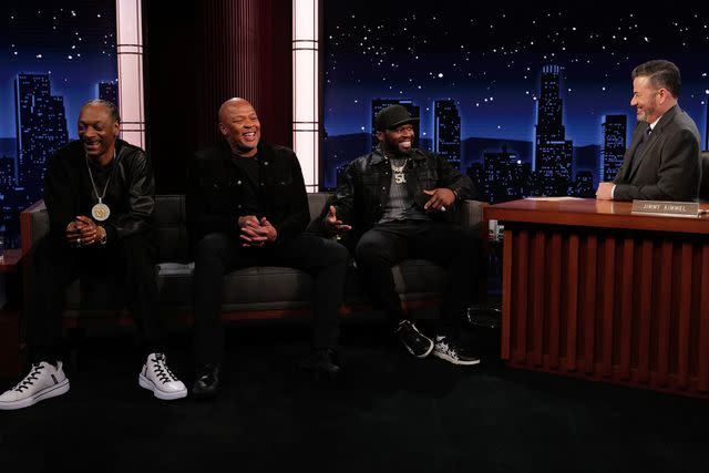 <p>Disney/Randy Holmes</p> Snoop Dogg, Dr. Dre and 50 Cent on Jimmy Kimmel Live! on March 19, 2024