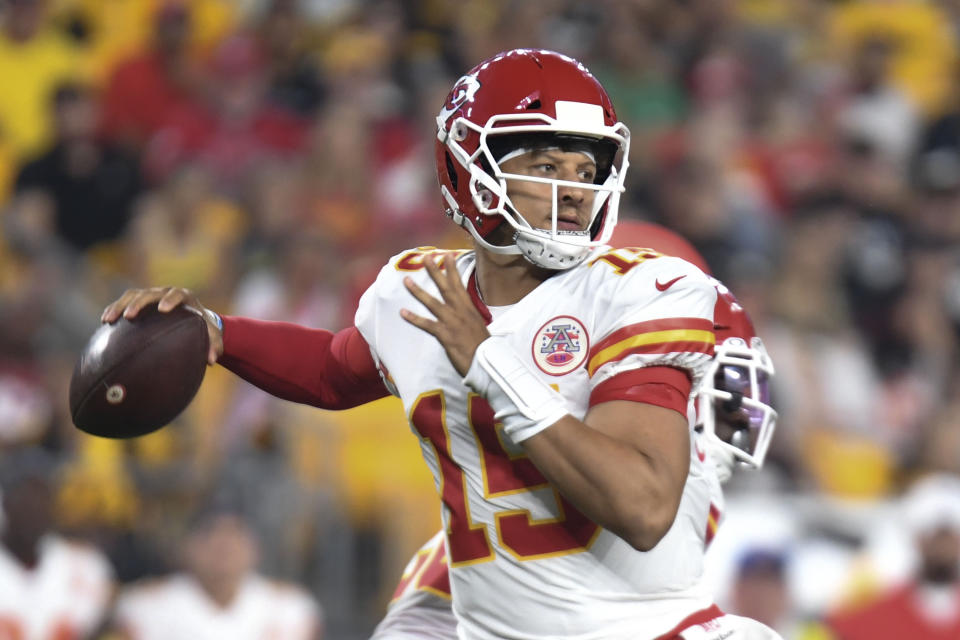 Kansas City Chiefs quarterback Patrick Mahomes passes in the first half of an NFL football game against the Pittsburgh Steelers, Saturday, Aug. 17, 2019, in Pittsburgh. (AP Photo/Barry Reeger)