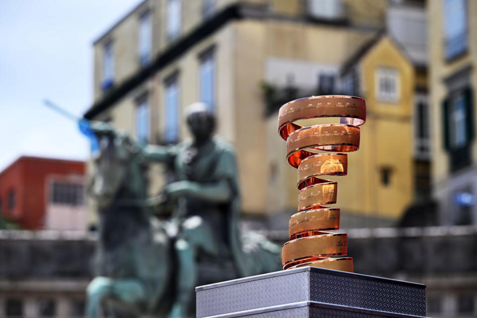 NAPLES ITALY  MAY 11 Detail view of the Trofeo Senza Fine prior to the 106th Giro dItalia 2023 Stage 6 a 162km stage from Naples to Naples  UCIWT  on May 11 2023 in Naples Italy Photo by Stuart FranklinGetty Images