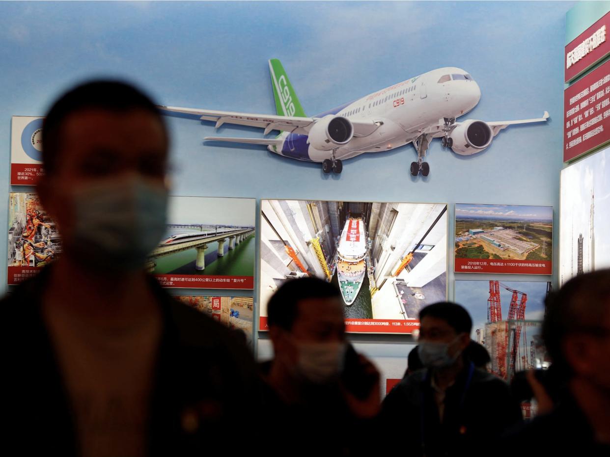 A display of the C919 on October 12 at an organised media tour ahead of the 20th National Congress of the Communist Party of China, in Beijing, China. The exhibition was titled ""Forging Ahead in the New Era."