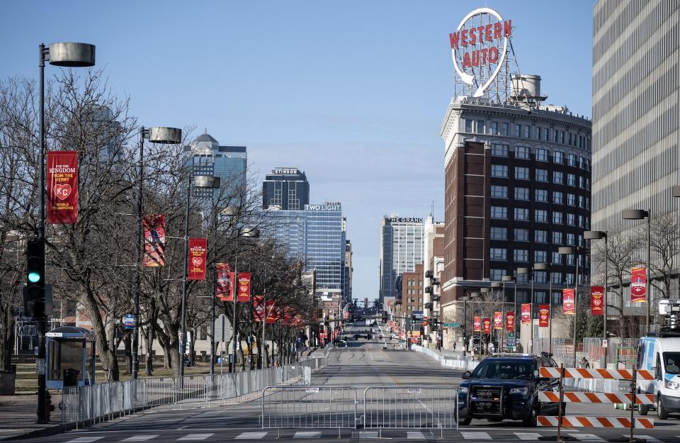 Barricades block off the route for today's parade in downtown Kansas City. (Andrew Caballero-Reynolds/AFP via Getty Images)