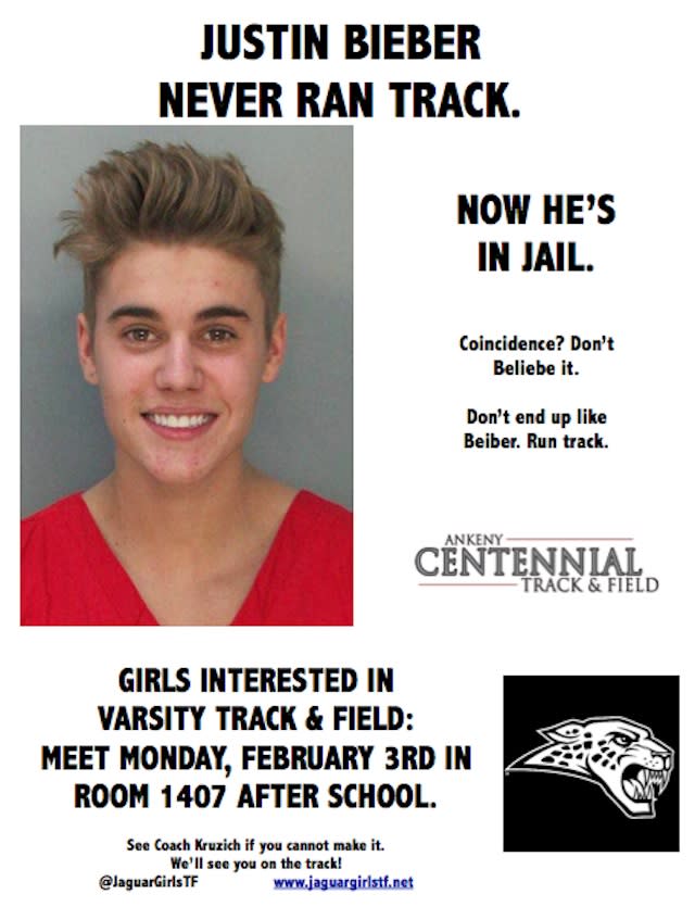 An Iowa girls' track and field coach created this Justin Bieber-themed poster to promote the sport -- Twitter