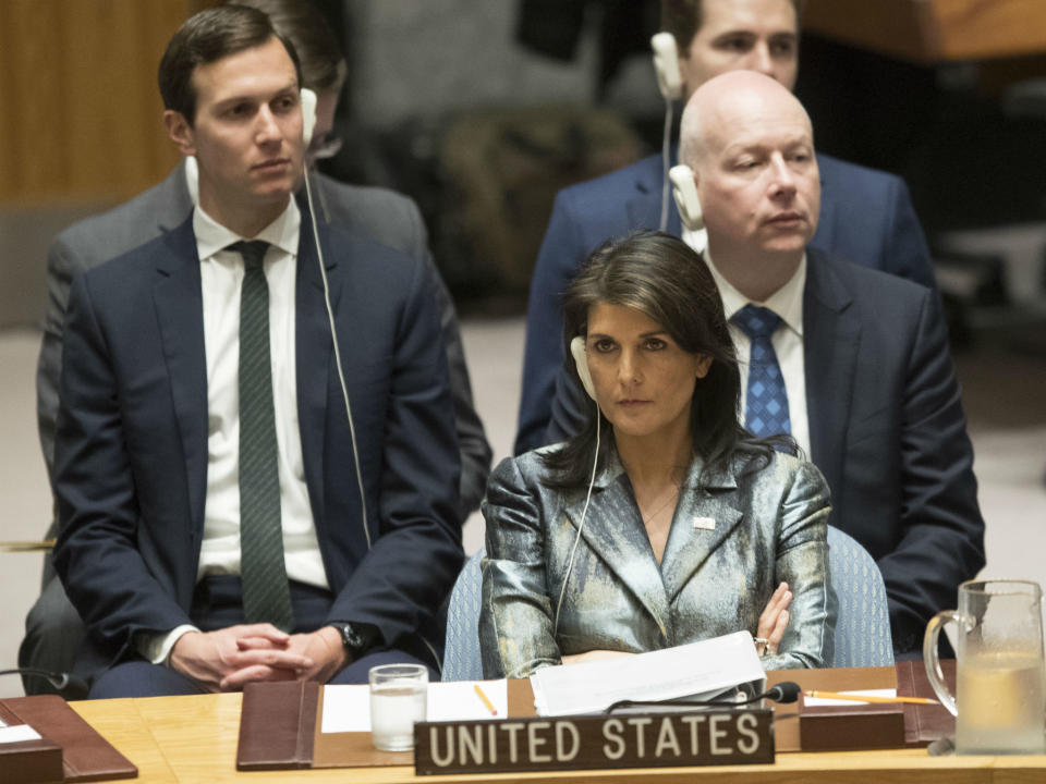 American Ambassador to the United Nations Nikki Haley listens during a Security Council meeting: AP Photo/Mary Altaffer