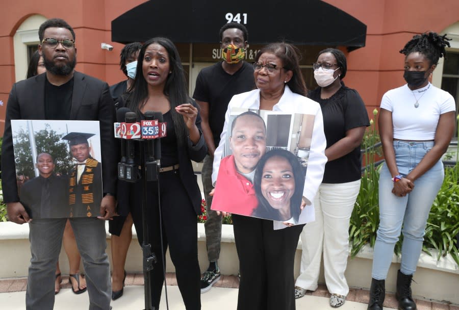 Joanne Celestin, sister of Samuel Celestin, speaks during a news conference outside their attorney’s office in Orlando, Fla., on Friday, April 30, 2021. The family blames his 2019 death on police for ignoring their warnings about Samuel’s mental health and treating him like a suspect instead of someone needing help. They believe he would’ve been handled with more patience and care were he not Black. (Ricardo Ramirez Buxeda/Orlando Sentinel via AP)