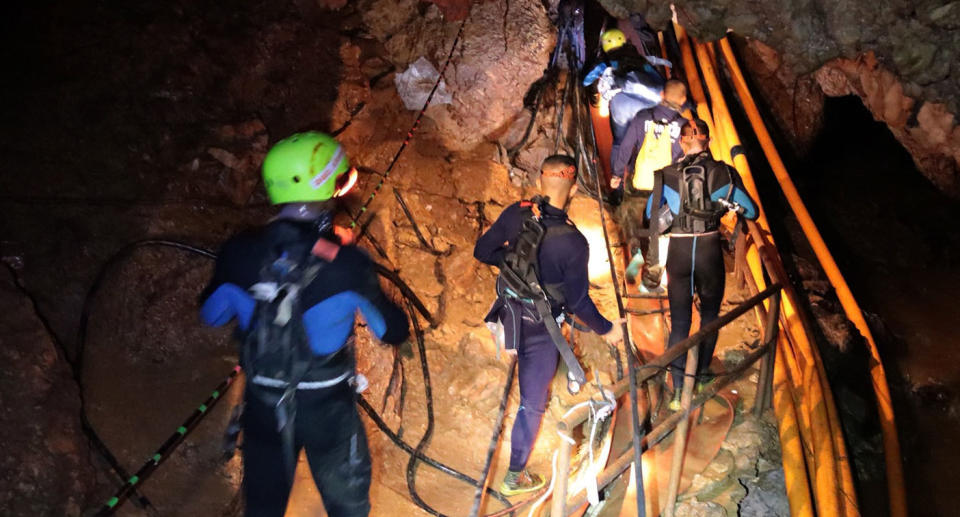 Thai Royal Navy inside the Tham Luang cave on July 7. Source: AAP